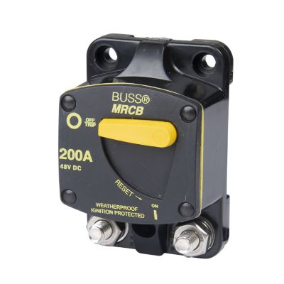 Marine grade 200 Amp circuit breaker with manual reset, weatherproof design, yellow switch, and surface mount features.
