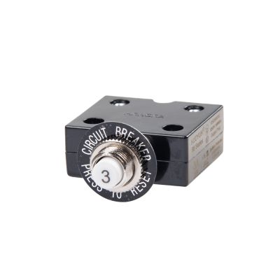 Push button circuit breaker with black casing and labeled reset button.