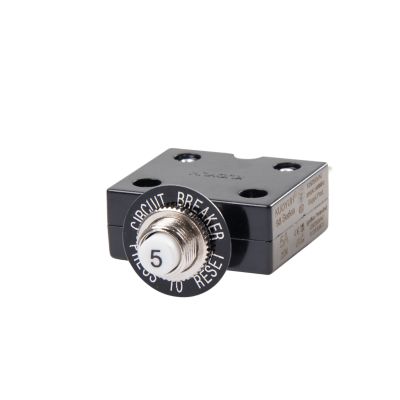 Carling Technologies CLB Series, 5 Amp push button circuit breaker with black casing and reset feature.