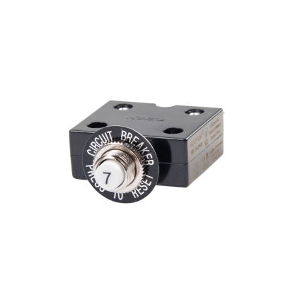 Push button circuit breaker, black casing, silver threaded reset button, labeled for 7 amp protection.