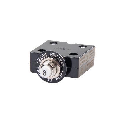 Push button circuit breaker, black casing, reset button labeled 8, compact design.