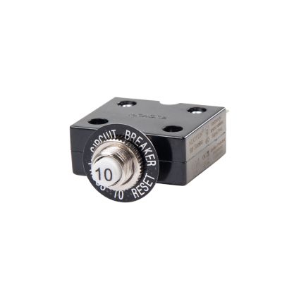 Push button circuit breaker with black casing and labeled reset button.