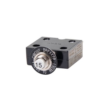 Push button circuit breaker with black casing and labeled reset button.