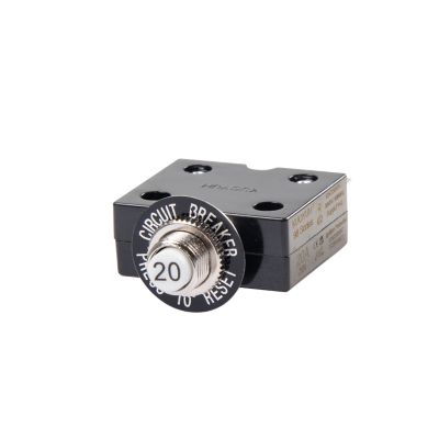 Push button circuit breaker with black casing and labeled reset button.