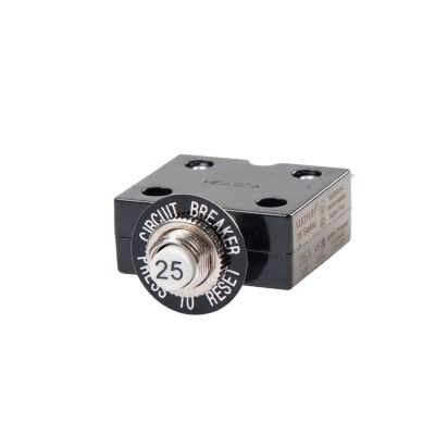 Push button circuit breaker with black casing and labeled reset button.
