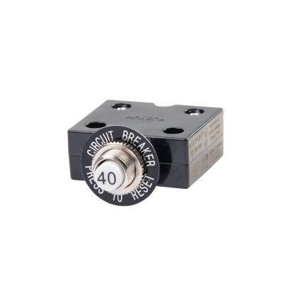Push button circuit breaker with black casing and labeled reset button.