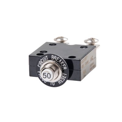 Push button circuit breaker with black casing and labeled reset button.