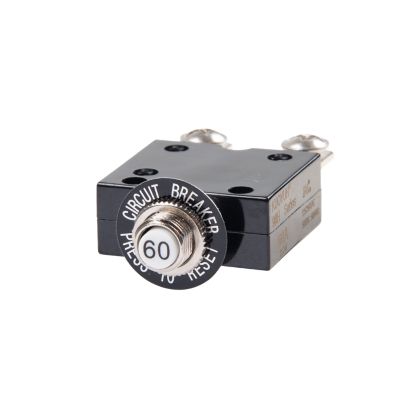 Push button circuit breaker with black casing and labeled reset button.
