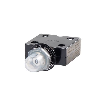 Push Button Circuit Breaker with protective boot, featuring a compact design and clear labeling, ideal for electrical protection.