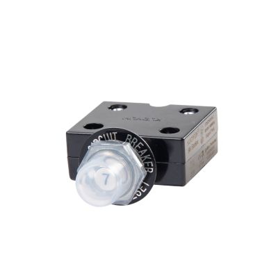 Push button circuit breaker with boot, featuring durable black casing, labeled for easy reset, by Carling Technologies.
