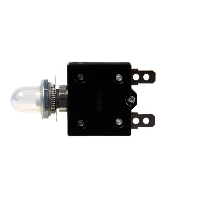 High amp thermal push button circuit breaker with protective boot, featuring flat pin terminals, a compact design and durable components.