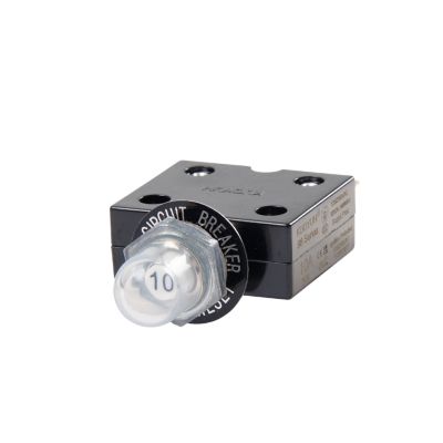 Black push button circuit breaker with metal terminals and transparent boot, from Carling Technologies CLB Series.