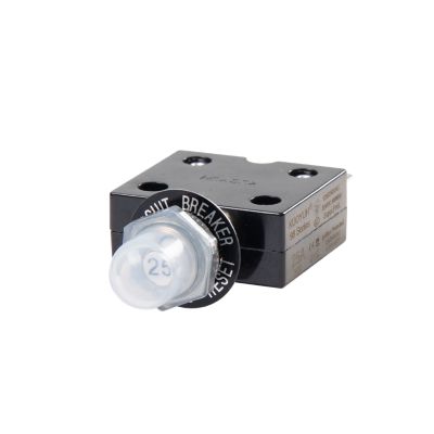 Black push button circuit breaker with metal terminals and transparent boot.