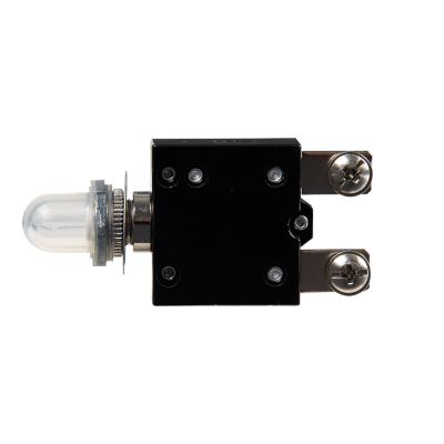 High amp thermal push button circuit breaker with protective boot, featuring screw terminals, a compact design and durable components.
