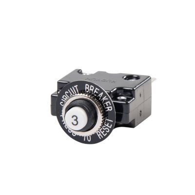 Push button circuit breaker with labeled black housing, featuring a white reset button marked with the number 3.