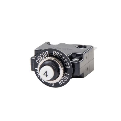 Push button circuit breaker featuring a reset button with protective labeling.
