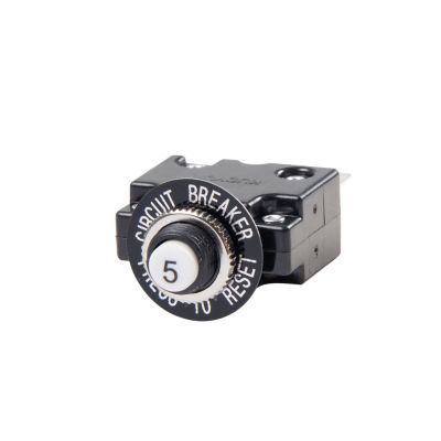 Push Button Circuit Breaker, 5 Amp , Highlighting Black Casing and Reset Button for Electrical Safety.