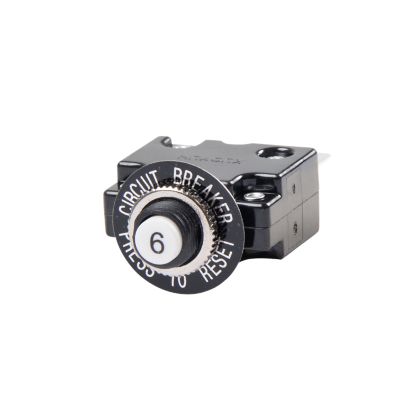 Black push button circuit breaker with reset text, featuring a labeled 6 Amp button, suitable for electrical use.