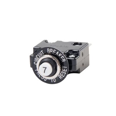 Push button circuit breaker featuring a black body with labeled reset button for 7 Amp protection.