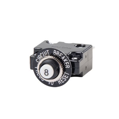 Push button circuit breaker, black casing, reset button labeled '8', suitable for electronics protection.