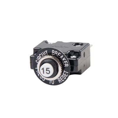 Push button circuit breaker from Carling Technologies, black body with a white reset button, rated at 15 amps.
