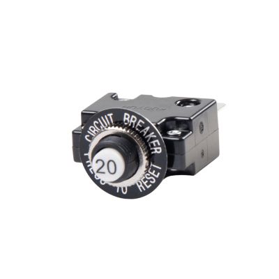 Push button circuit breaker, black body with a white reset button, rated at 15 amps.