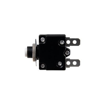 Miniature Thermal Push Button Circuit Breaker, black casing with white center button, labeled "Press to Reset."