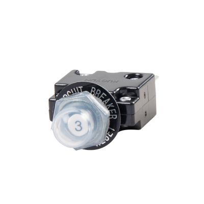 Push button circuit breaker with labeled black housing, featuring a white reset button marked with the number 3.