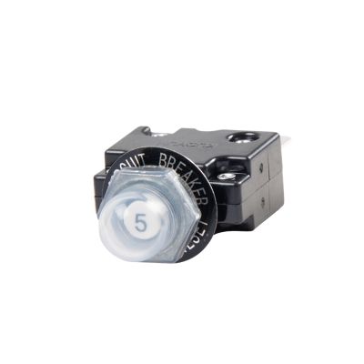 Push button circuit breaker with protective boot and reset feature for electrical safety.