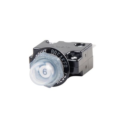 Push button circuit breaker with protective boot and reset feature, for electrical safety.