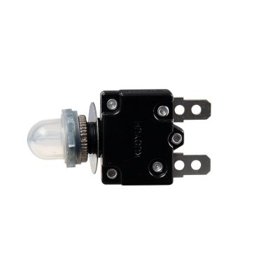 Top view of thermal Push Button Circuit Breaker with protective boot, featuring a central reset button and labeled surround.