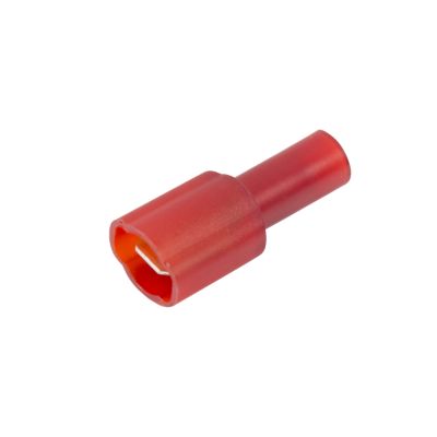 Red nylon push-on terminal, male, fully insulated, for electrical use. Ideal for 22-18 gauge wires. Durable and reliable.