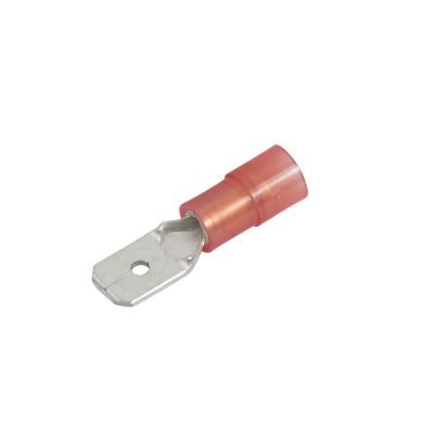 Red nylon push-on terminal, male, partially insulated, suitable for 22-18 gauge wires.