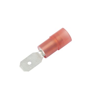 Red nylon partially insulated male push-on terminal for electrical connections, suitable for 22-18 gauge wires.
