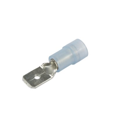 Blue nylon male push-on terminal, partially insulated, designed for 16-14 gauge wires, with a metal connector.
