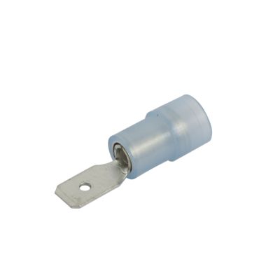 Blue nylon partially insulated male push-on terminal for 16-14 gauge wires, showcasing metal connector and insulation.