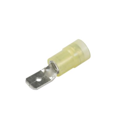 Yellow nylon push-on terminal, male, partially insulated, ideal for 12-10 gauge wires.