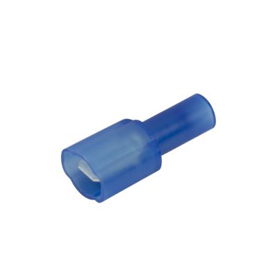 Blue nylon push-on terminal, male, fully insulated for 16-14 gauge wires, showcasing durable construction.