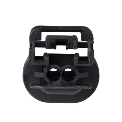GT 150 Female Housing, black plastic connector with dual openings, used for 2-way and 3-way electrical applications.