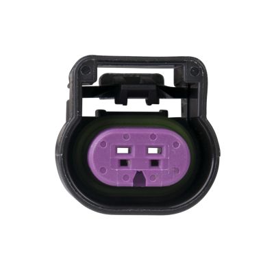 Female housing connector, black with purple interior, front view, featuring 2-way and 3-way configuration openings.