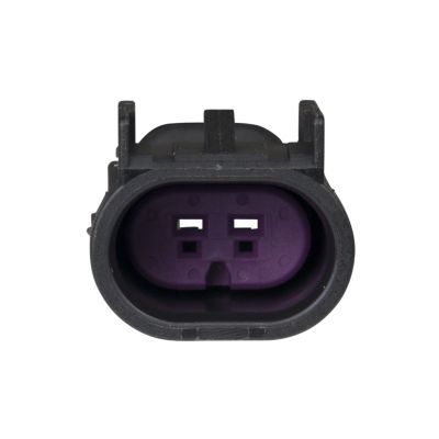 Front view of GT 150 male housing connector, 2-way, with a black and purple design.