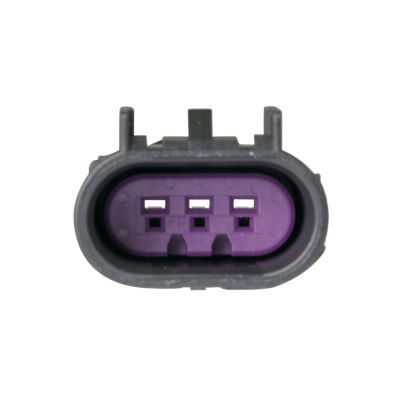 Close-up of a GT 150 male housing connector showing three-way configuration in black and purple design.