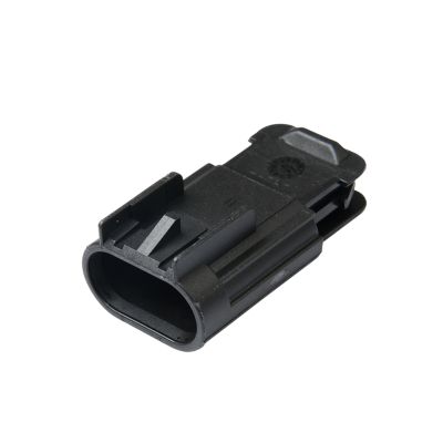 Three-way black male connector housing for electrical use, highlighting its durable design and compact shape.
