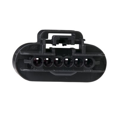 Black GT 150 female housing connector with multiple slots for 6-way and 8-way connections.