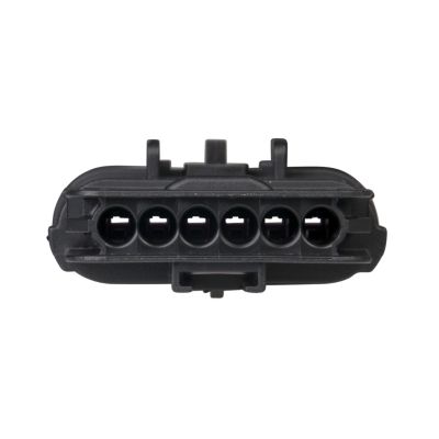 GT 150 Male Housing connector with 6-way configuration, showcasing black exterior and entry points.