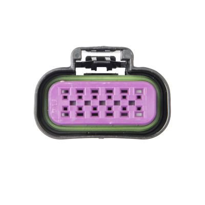 GT 150 female housing connector, 10-way and 12-way options, featuring a purple and green design with secure locking mechanism.