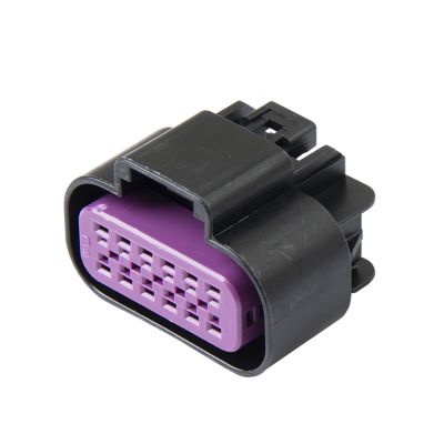 Female GT 150 12-way connector by Aptiv (Delphi) in black and purple housing, highlighting automotive wiring component.