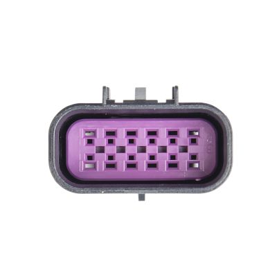 Close-up of GT 150 male connector housing with purple 10-way and 12-way slots in a black rectangular frame.