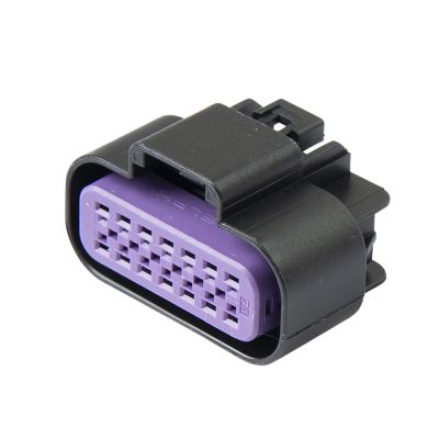 Female housing connector with black casing and purple interior featuring multiple slots, designed for electrical applications.