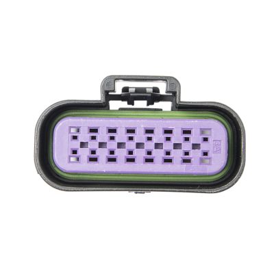 GT 150 female housing connector with black frame, showcasing 14-way and 16-way pin slots, featuring green and purple accents.